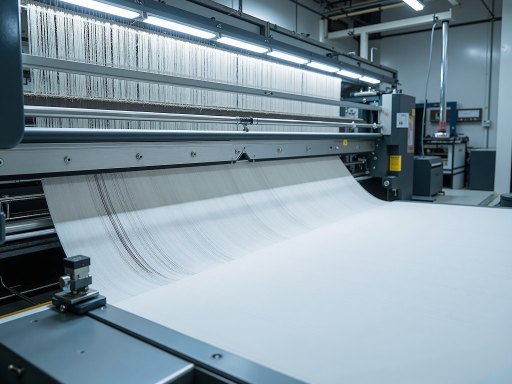 Modern textile manufacturing facility with advanced machinery and professional staff, showing organized workspace and quality production environment