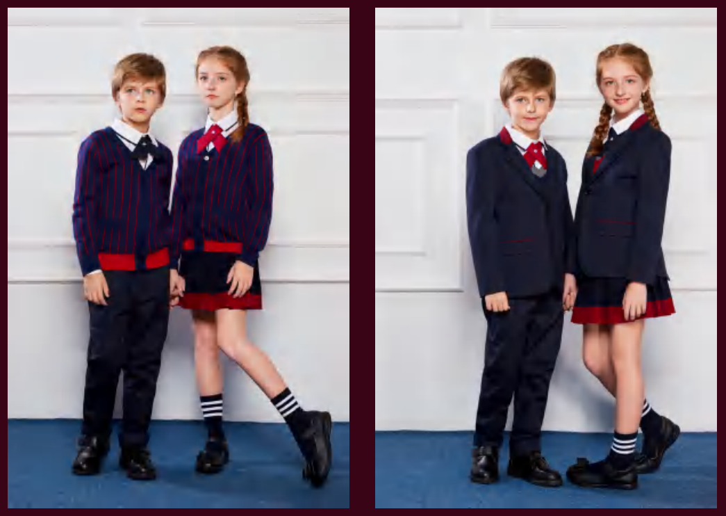 Professional school uniform collection featuring various styles and sizes, showing neat organization and quality fabric construction